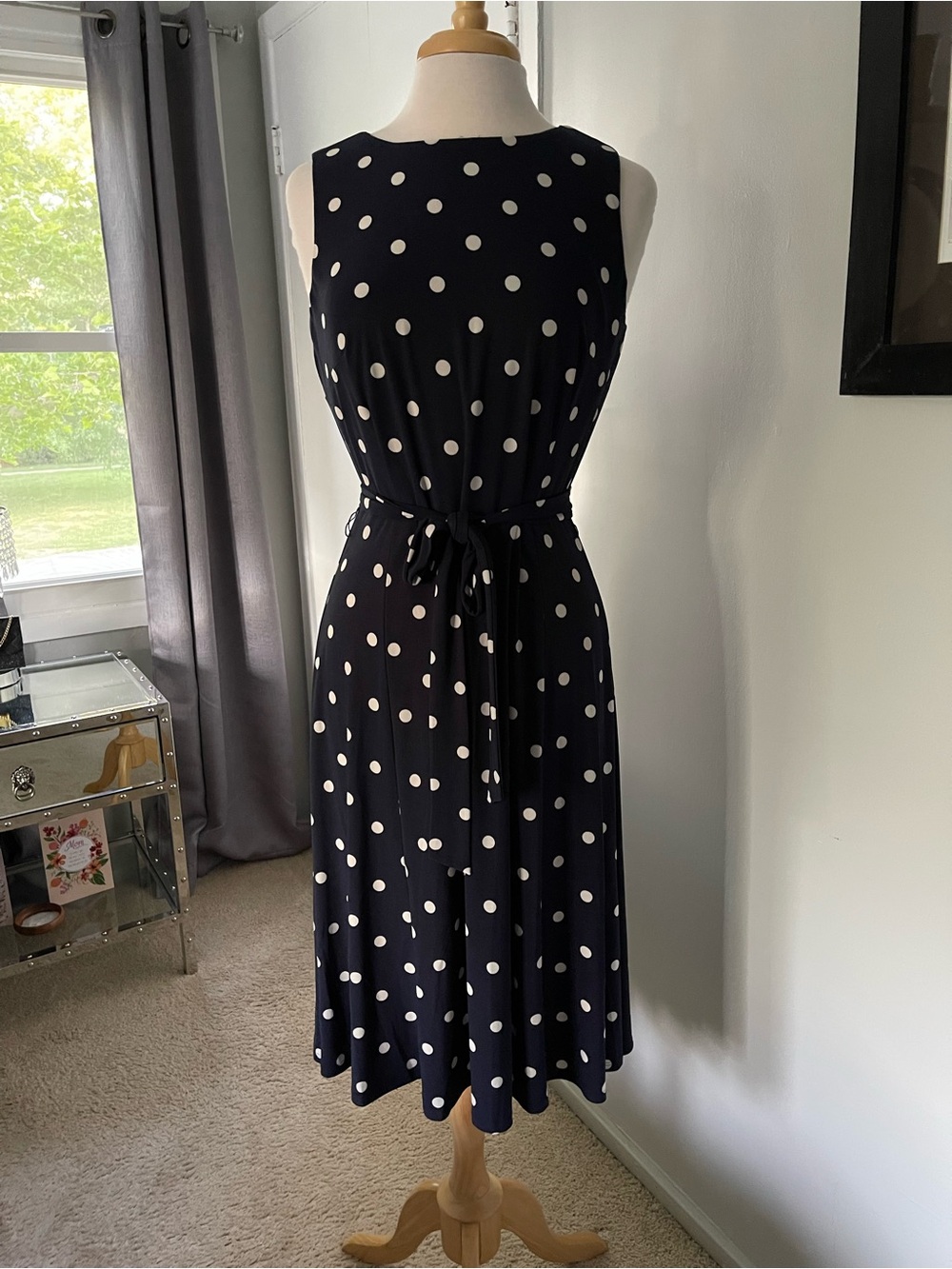 Anne Klein Navy and White Polka Dot Sleeveless Tie-Waist Midi Dress